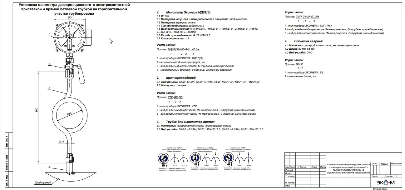Типовая схема установки манометра с электроконтактной приставкой (исп.V) и прямой петлевой трубкой на горизонтальном участке трубопровода с бобышкой с внутренней резьбой