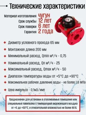 Счетчик воды ЭКОМЕРА-65И Универсальный Фланцевый Импульсный