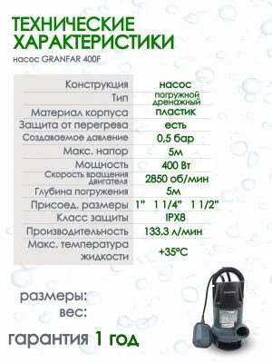 Дренажный насос Grandfar 400 F для грязной воды от магазина счетчики-юг