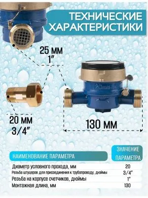 Счетчик воды мокроход ВКМ 20 глицирин 130 мм КМЧ
